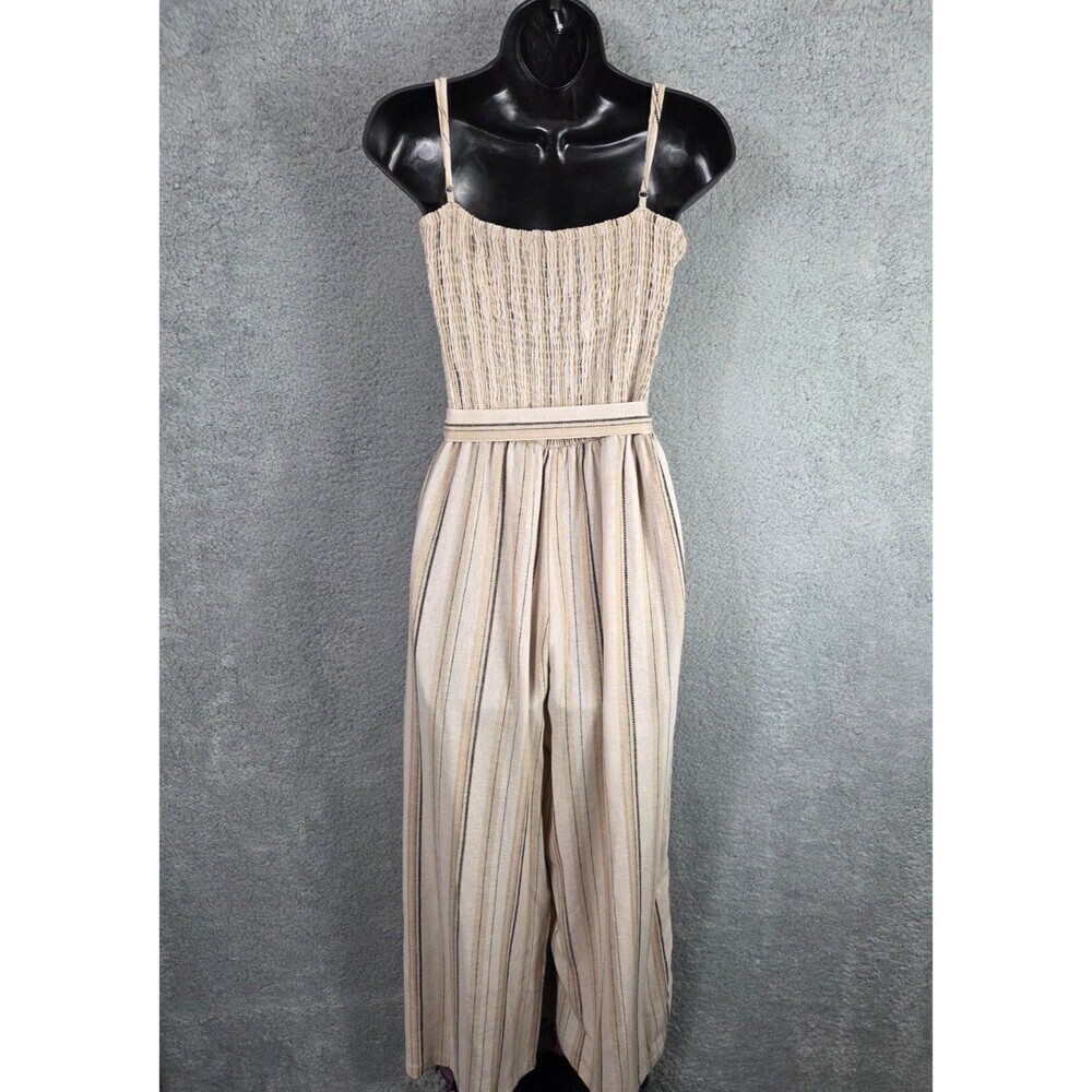 Womens Linen Blend Jumpsuit Sz L Wide Leg Striped Earth Tones Beige Belted Gauze - Picture 4 of 7
